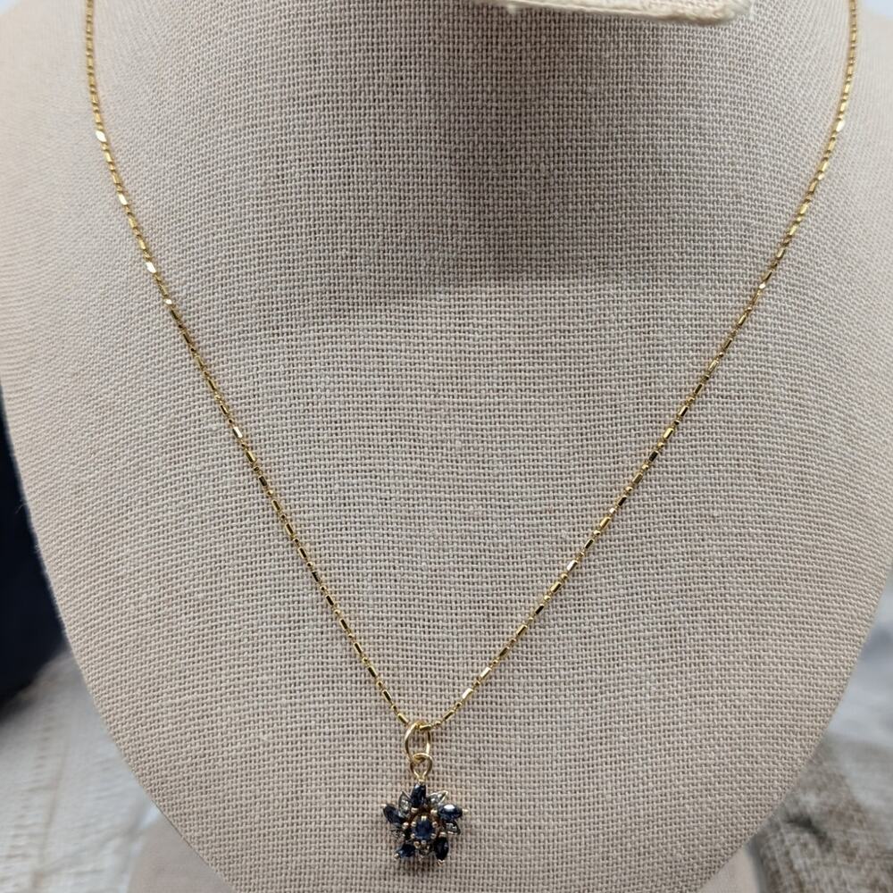 Solid 14K Gold Natural Blue Sapphire & Diamond Flower Pendant Necklace 585 Italy - Picture 9 of 16